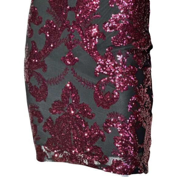 Jump Apparel Black Burgundy Damask Sequin Bodycon Mini Dress - Picture 11 of 11